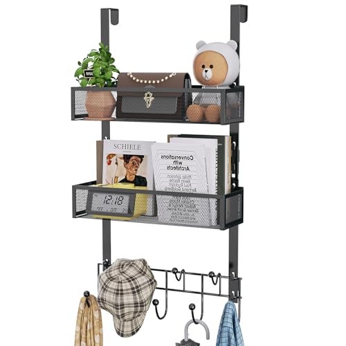 HapiRm Over The Door Hanger with Coat Hooks and 2 Baskets, Rustproof & Waterproof Over The Door Hooks, Storage Organizer for Hats, Bathroom, Kitchen, Bedroom-Black (for 1.76in Doors) - Image 1