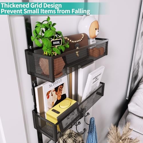 HapiRm Over The Door Hanger with Coat Hooks and 2 Baskets, Rustproof & Waterproof Over The Door Hooks, Storage Organizer for Hats, Bathroom, Kitchen, Bedroom-Black (for 1.76in Doors) - Image 2