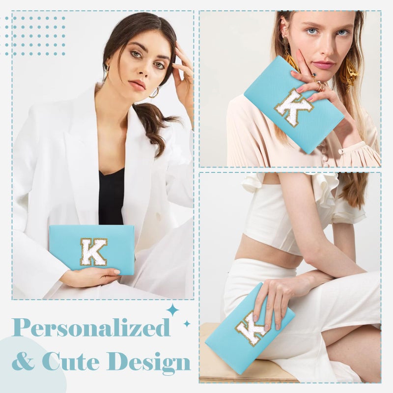 ChaoGreat Small Personalized Initial A-Z Preppy Patch Makeup Bag Pu Chenille Letter Travel Cosmetic Pouch With Zipper Blue Cute Toiletry Bag Gift Ideal For Teen Girls Women Teacher Bridesmaid Letter K - Image 4