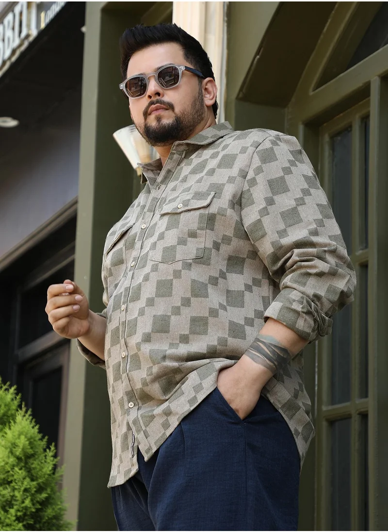 انستافاب بلس Instafab Plus Men's Sage Green Cubic Utility Shirt For Casual Wear | Spread Collar | Long Regular Sleeves | Button Closure | Plus Size Shirt Crafted With Comfort Fit For Everyday Wear