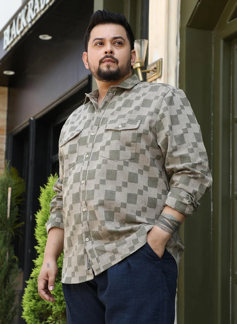 Instafab Plus Instafab Plus Men's Sage Green Cubic Utility Shirt For Casual Wear | Spread Collar | Long Regular Sleeves | Button Closure | Plus Size Shirt Crafted With Comfort Fit For Everyday Wear