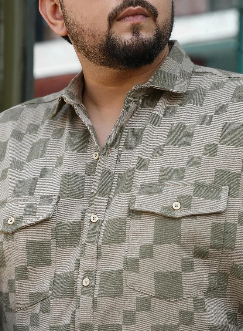Instafab Plus Instafab Plus Men's Sage Green Cubic Utility Shirt For Casual Wear | Spread Collar | Long Regular Sleeves | Button Closure | Plus Size Shirt Crafted With Comfort Fit For Everyday Wear
