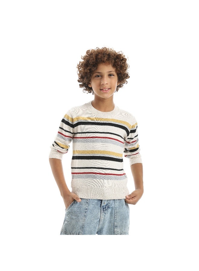 Andora Striped Self Patteren Round Collar Multicolour Pullover_Beige - Image 1