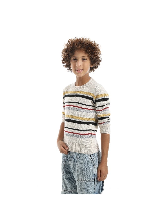 Andora Striped Self Patteren Round Collar Multicolour Pullover_Beige - Image 4