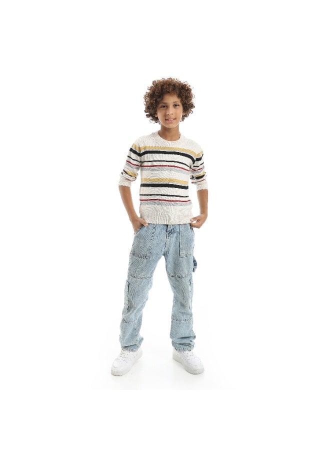 Andora Striped Self Patteren Round Collar Multicolour Pullover_Beige - Image 5