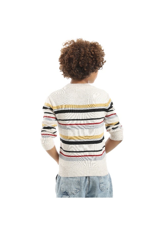 Andora Striped Self Patteren Round Collar Multicolour Pullover_Beige - Image 2