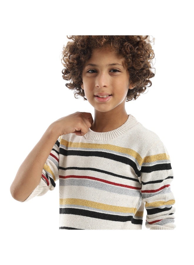Andora Striped Self Patteren Round Collar Multicolour Pullover_Beige - Image 3