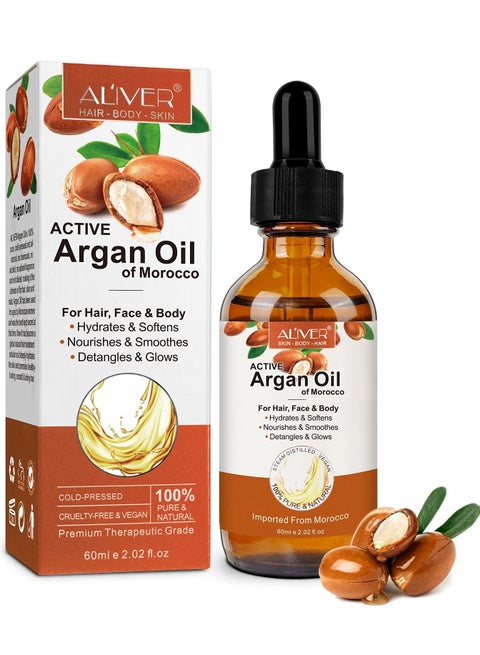 Active Argan Oil of Morocco for Hair Growth 100% Pure Cold Pressed Organic Carrier Oil for Skin Care Nails & Cuticles Nourish the Scalp Dry Skin Relief Improve Blood Circulation 60ml