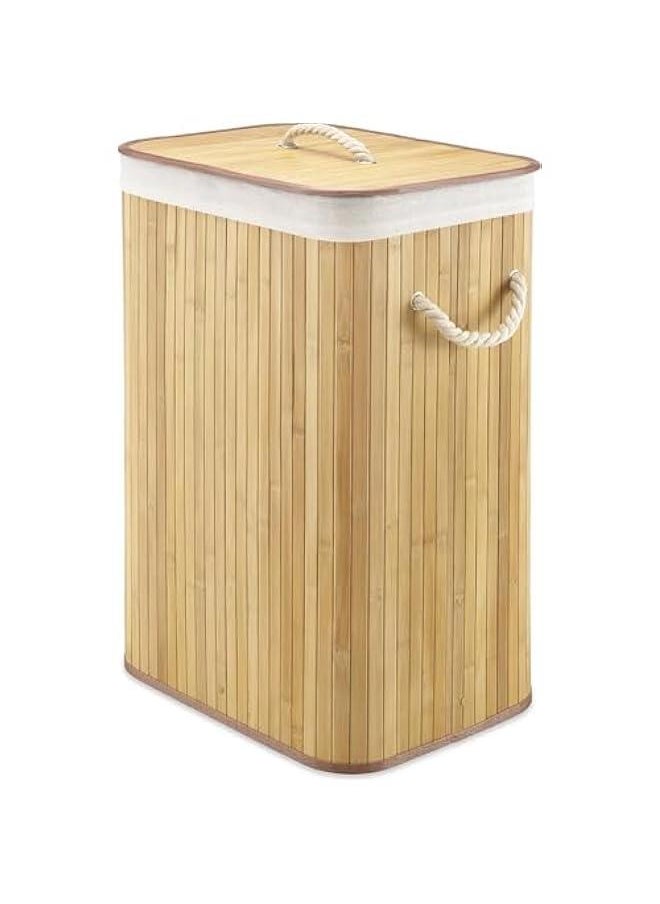 HOOKOR Bamboo Laundry Hamper, Foldable Flat Laundry Basket, Rectangular Wooden Laundry Basket with Lid 40x30x60cm, Bamboo and Polyester Cotton, Light Wood/Cream (Natural, Rectangle)  - Image 1