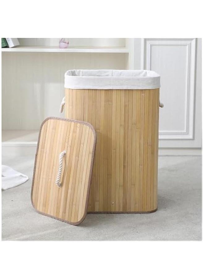 HOOKOR Bamboo Laundry Hamper, Foldable Flat Laundry Basket, Rectangular Wooden Laundry Basket with Lid 40x30x60cm, Bamboo and Polyester Cotton, Light Wood/Cream (Natural, Rectangle)  - Image 2