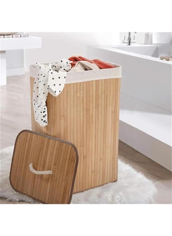HOOKOR Bamboo Laundry Hamper, Foldable Flat Laundry Basket, Rectangular Wooden Laundry Basket with Lid 40x30x60cm, Bamboo and Polyester Cotton, Light Wood/Cream (Natural, Rectangle)  - Image 3