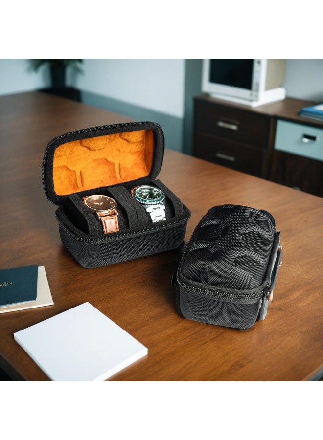 2 slot watch Roll Travel Case for men, Hard Zipper Organizer box for Large watch with anti-move watch pillow (Black 2slot microfiber lining) - Image 3