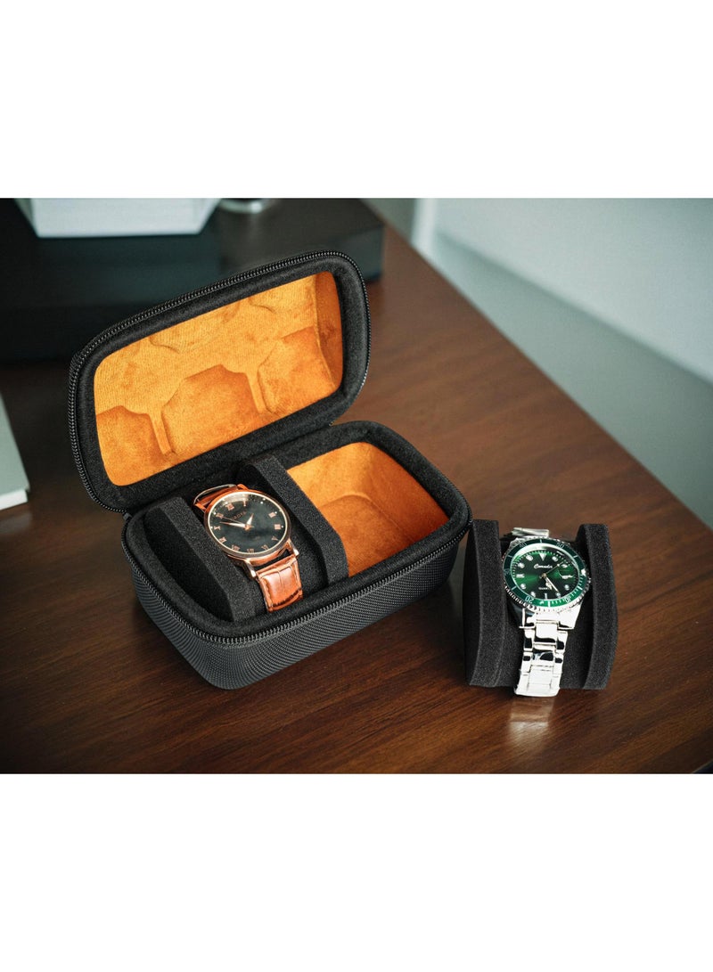 2 slot watch Roll Travel Case for men, Hard Zipper Organizer box for Large watch with anti-move watch pillow (Black 2slot microfiber lining) - Image 5