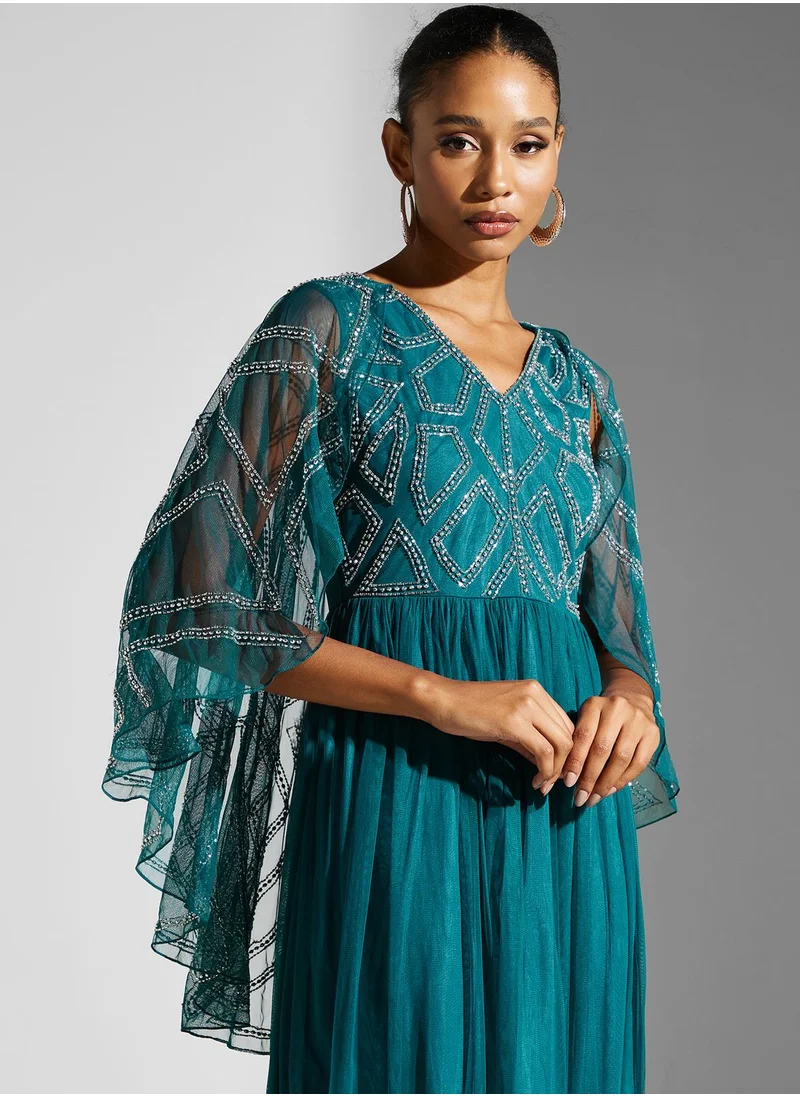 Amelia Rose V-Neck Cape Sleeve Dress