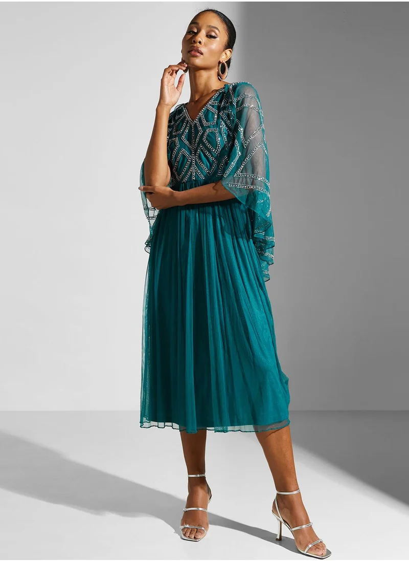 Amelia Rose V-Neck Cape Sleeve Dress