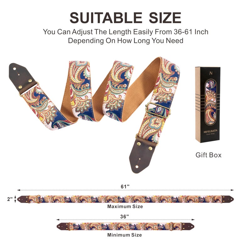 Nefelibata Guitar Strap,Crazy Horse Leather Jacquard Embroidery Cotton Guitar Straps for Bass, Electric & Acoustic, Best Gifts for Guitarists(Golden Silk Dark Blue Flower) - Image 5