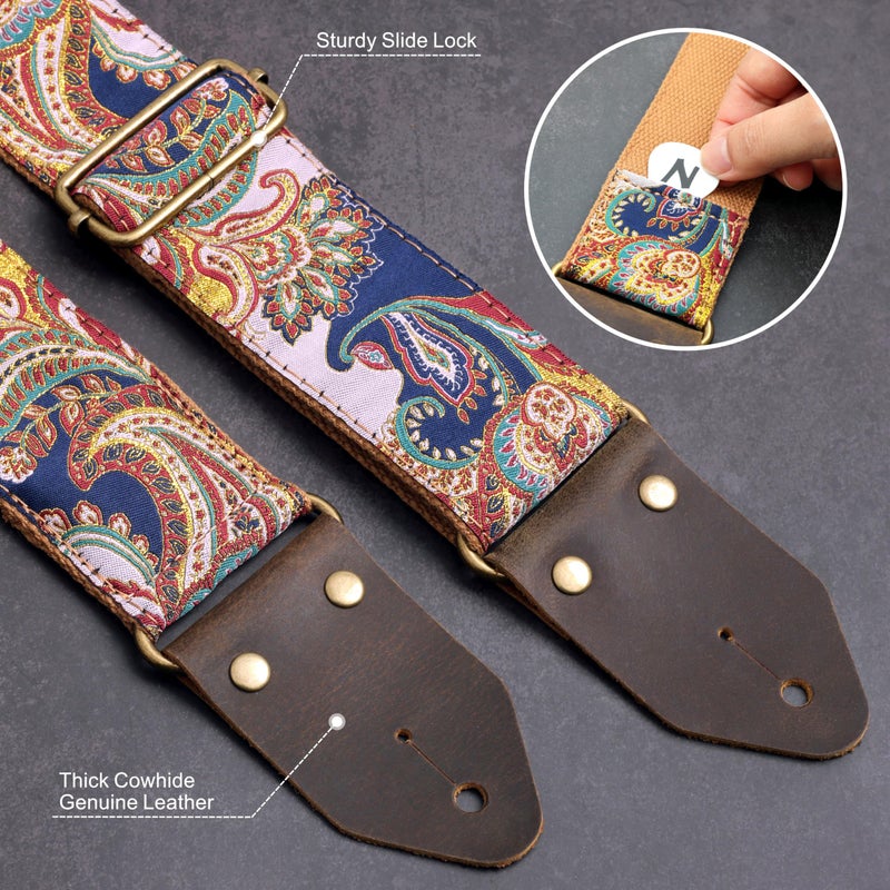 Nefelibata Guitar Strap,Crazy Horse Leather Jacquard Embroidery Cotton Guitar Straps for Bass, Electric & Acoustic, Best Gifts for Guitarists(Golden Silk Dark Blue Flower) - Image 3