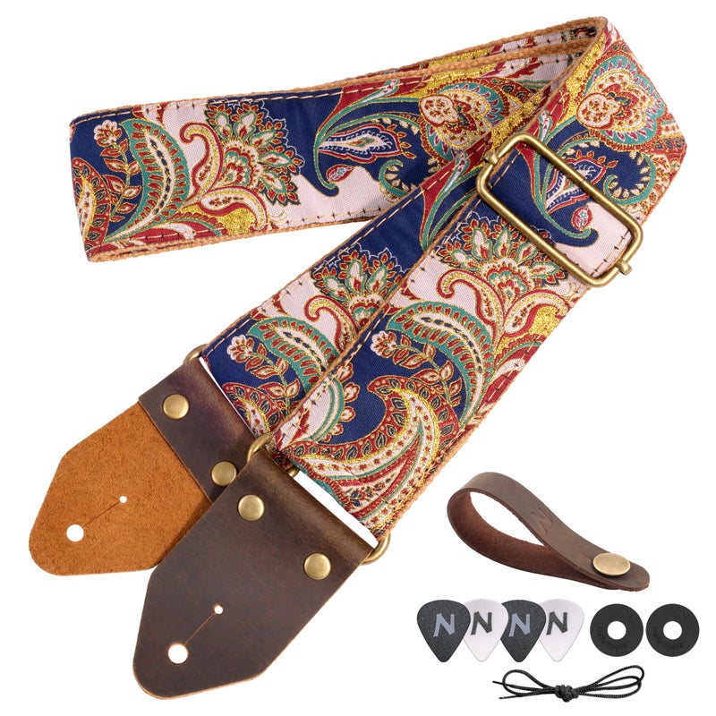 Nefelibata Guitar Strap,Crazy Horse Leather Jacquard Embroidery Cotton Guitar Straps for Bass, Electric & Acoustic, Best Gifts for Guitarists(Golden Silk Dark Blue Flower) - Image 1