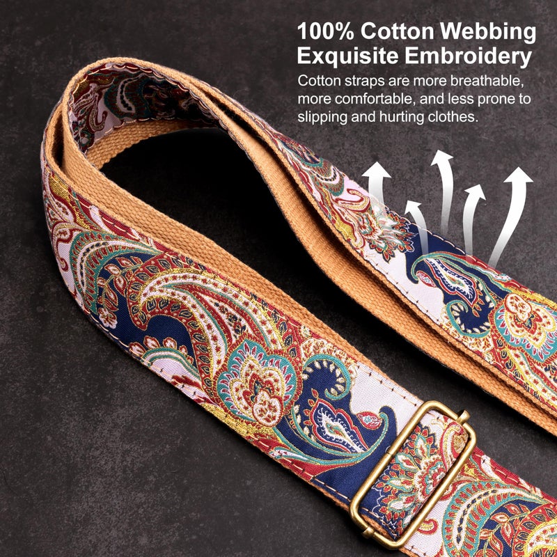 Nefelibata Guitar Strap,Crazy Horse Leather Jacquard Embroidery Cotton Guitar Straps for Bass, Electric & Acoustic, Best Gifts for Guitarists(Golden Silk Dark Blue Flower) - Image 4