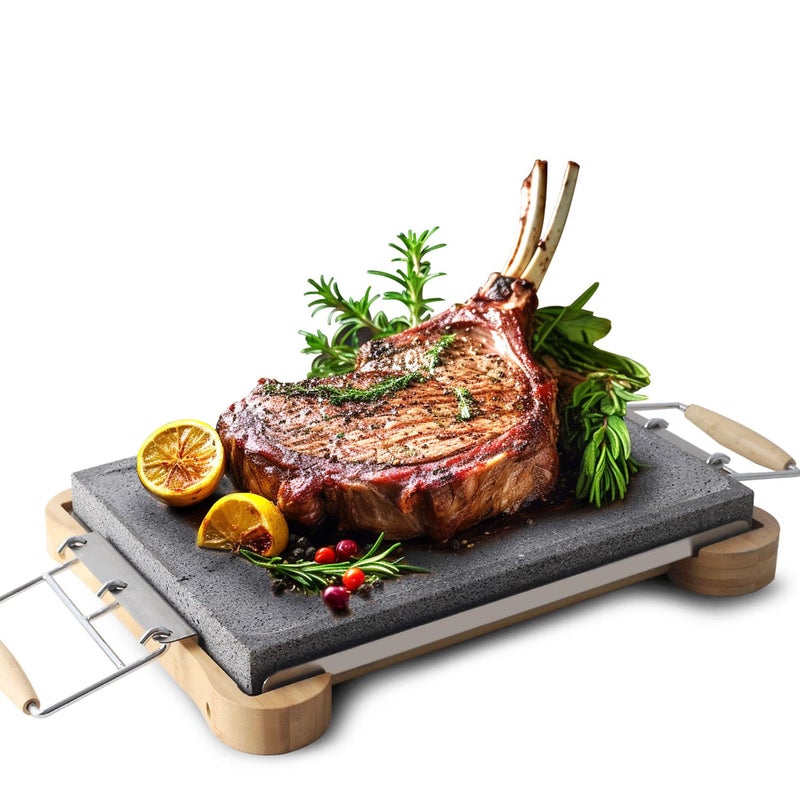Artestia ExtraLarge Lava Steak Stone Grill Set with Bamboo Base  HeatResistant Handles  1575 x 1181 Natural Lava Stone for Steak Tabletop Cooking BBQ Grilling and Serving