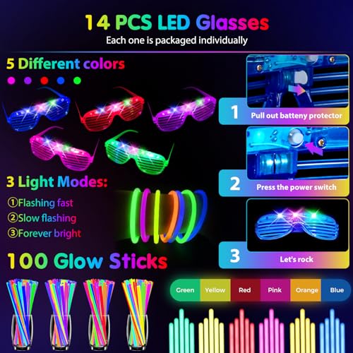 HONLYNE 142 PCS Glow in the Dark Party Supplies, 14PCS Foam Glow Sticks, 14PCS Light Up Headband,14PCS LED Glasses and 100PCS Glow Sticks Bracelets,for Glow Party, New Year, Wedding, Concert, Birthday - Image 3