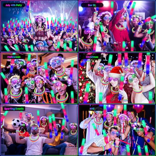 HONLYNE 142 PCS Glow in the Dark Party Supplies, 14PCS Foam Glow Sticks, 14PCS Light Up Headband,14PCS LED Glasses and 100PCS Glow Sticks Bracelets,for Glow Party, New Year, Wedding, Concert, Birthday - Image 5