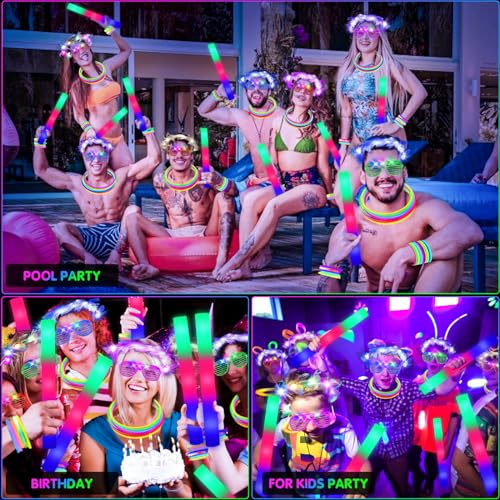 HONLYNE 142 PCS Glow in the Dark Party Supplies, 14PCS Foam Glow Sticks, 14PCS Light Up Headband,14PCS LED Glasses and 100PCS Glow Sticks Bracelets,for Glow Party, New Year, Wedding, Concert, Birthday - Image 4