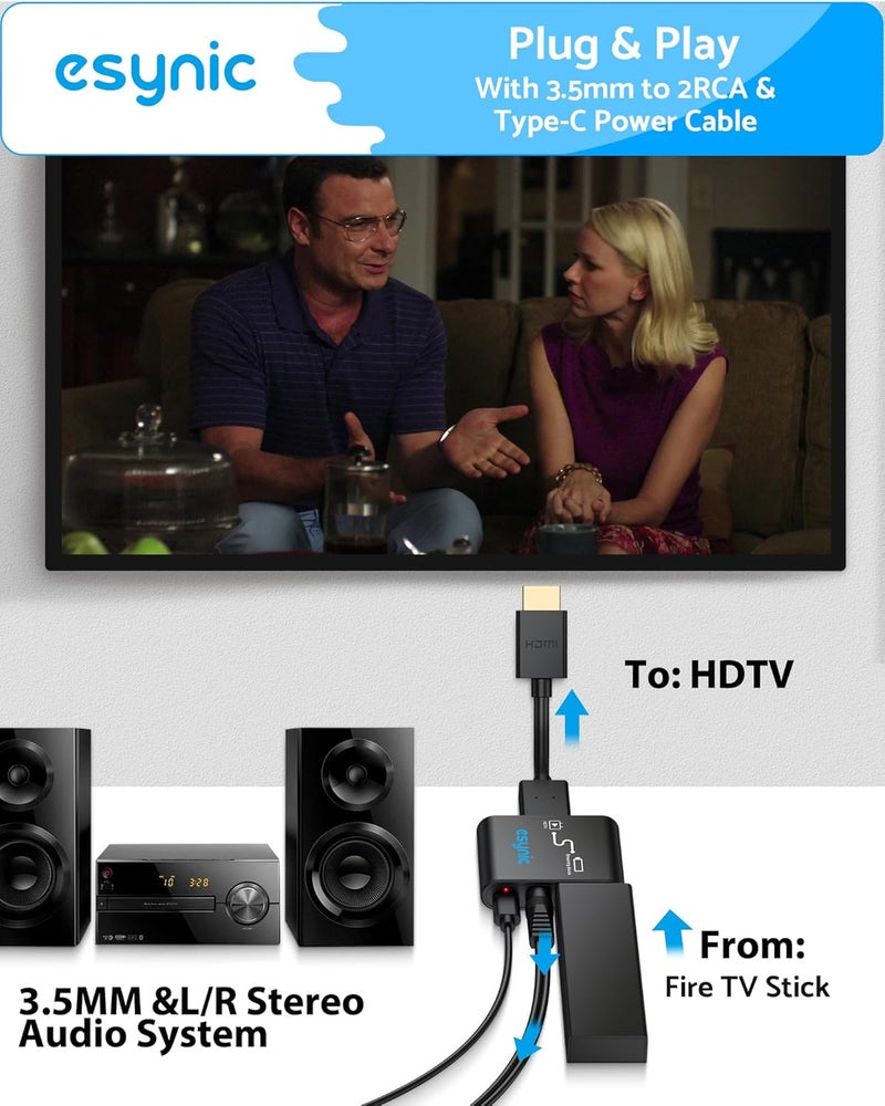 eSynic HDMI Audio Extractor for Fire TV Stick 4K@30Hz (Non-ARC/eARC), HDMI to AUX 3.5mm Converter Supports PCM, Dongle for Headphones and Speakers, 3.5mm to 2RCA Cable Included - Image 4