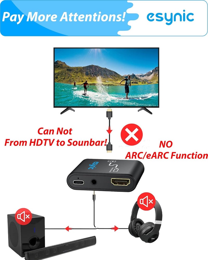 eSynic HDMI Audio Extractor for Fire TV Stick 4K@30Hz (Non-ARC/eARC), HDMI to AUX 3.5mm Converter Supports PCM, Dongle for Headphones and Speakers, 3.5mm to 2RCA Cable Included - Image 2