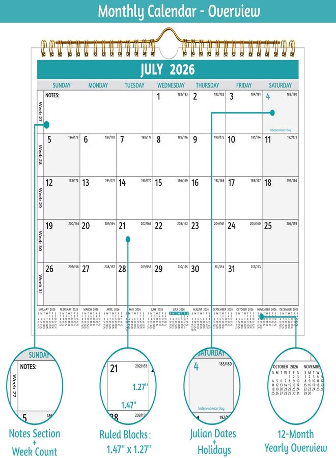 BowCuk Wall Calendar 2026-2027 - Run Now to Jun 2027, 11 x 8.5 In, 20 Months Calendar, Small Monthly Calendar 2025-2027 Wall, with Thick Paper, Holidays, Julian Dates ＆ Notes, Colorful Design - Image 3