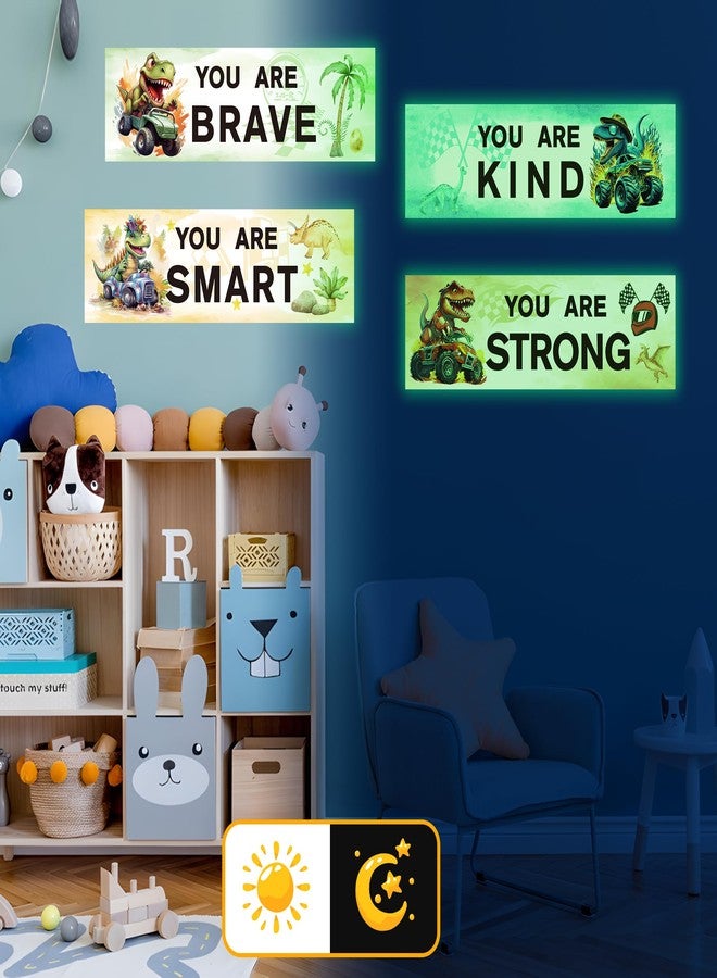 Robmoda Glow in The Dark Inspirational Dinosaur Truck Wall Stickers, Cool Dino Truck Wall Decals for Kids Room, You are Brave Positive Words Ceiling Decor, Toddler Bedroom Home School Nursery - Image 2