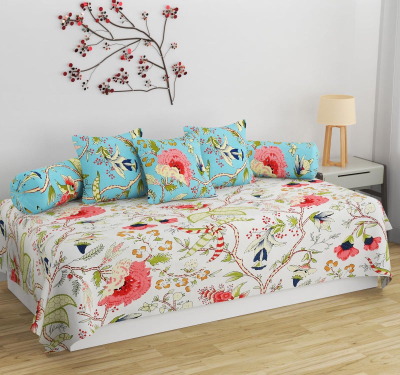 SHOMES Pure Soft Cotton Printed Diwan Set Covers 6 Pieces - 1 Single Bed Sheet (60 X 90) with 3 Cushion (16 X 16), 2 Bolster Covers (16 X 32) (White, Medium) - Image 1