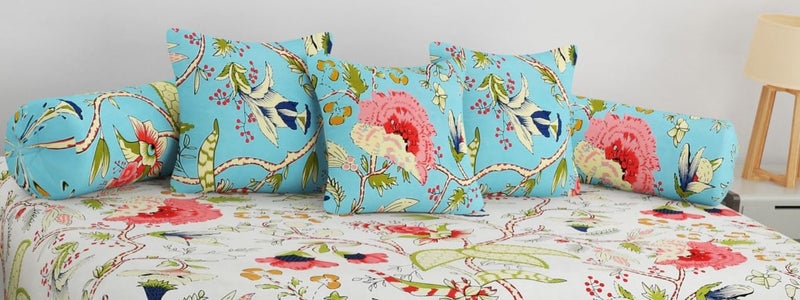 SHOMES Pure Soft Cotton Printed Diwan Set Covers 6 Pieces - 1 Single Bed Sheet (60 X 90) with 3 Cushion (16 X 16), 2 Bolster Covers (16 X 32) (White, Medium) - Image 2