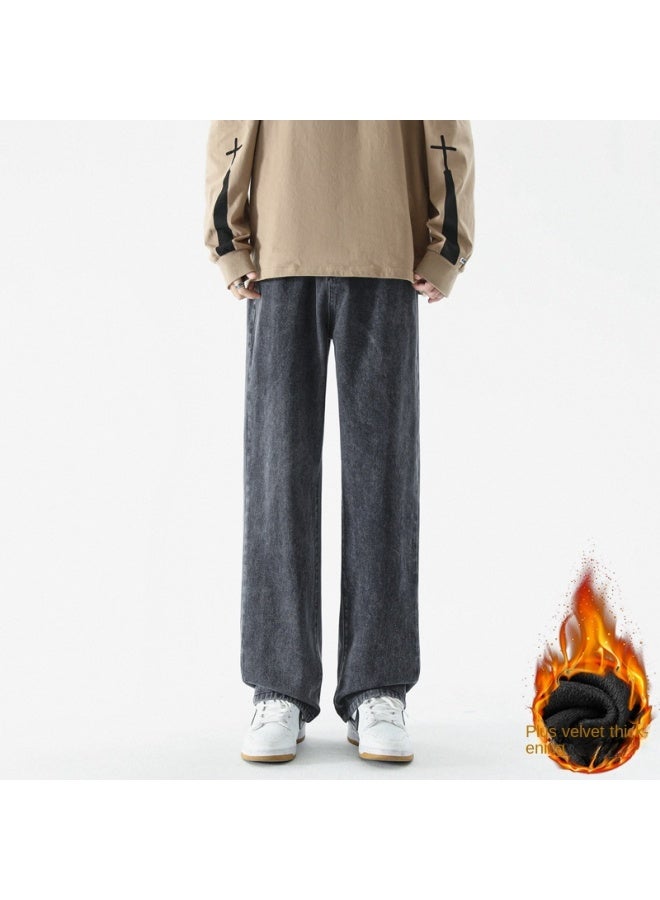 Black Washed Denim Pants Men Winter New Trendy Casual Trousers Versatile Loose Straight Leg Pants - Image 3