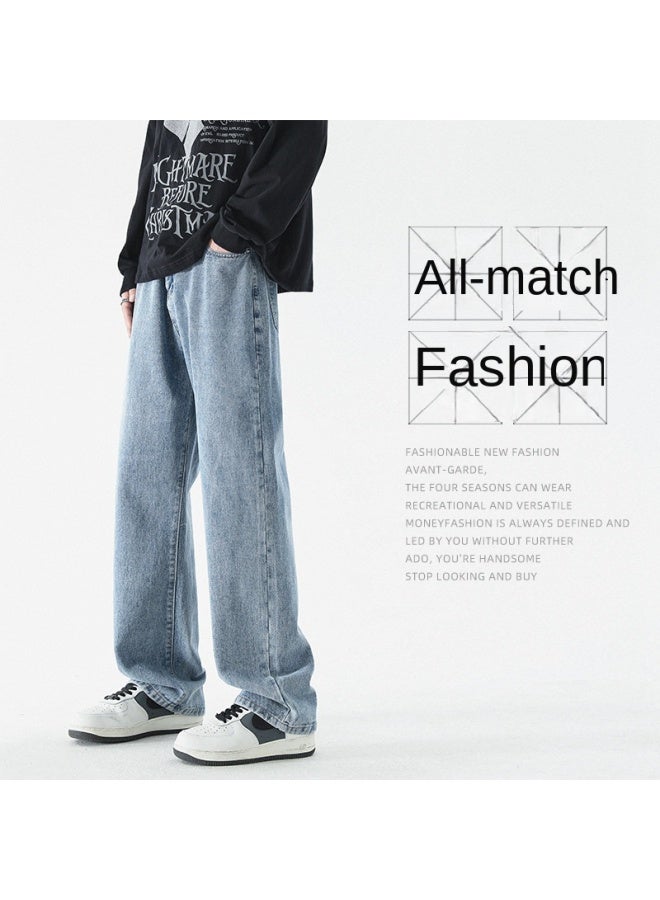 Black Washed Denim Pants Men Winter New Trendy Casual Trousers Versatile Loose Straight Leg Pants - Image 2