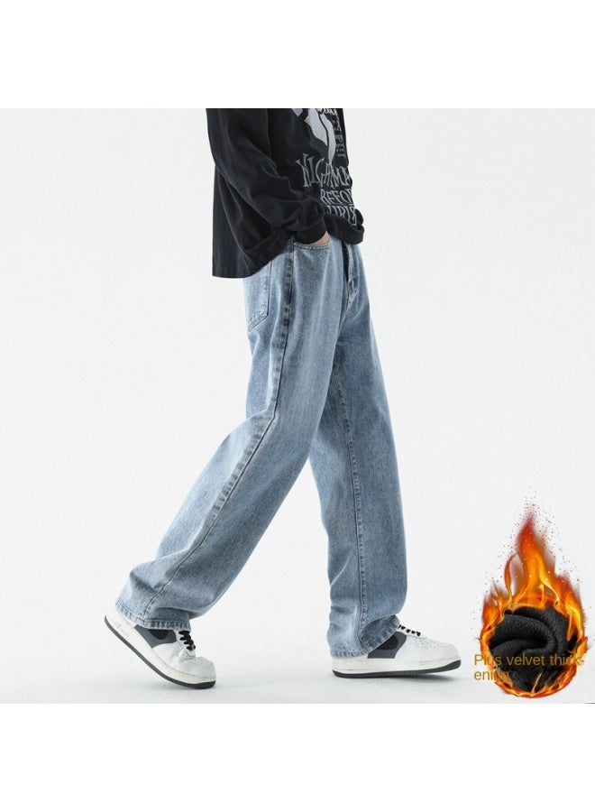 Black Washed Denim Pants Men Winter New Trendy Casual Trousers Versatile Loose Straight Leg Pants - Image 4