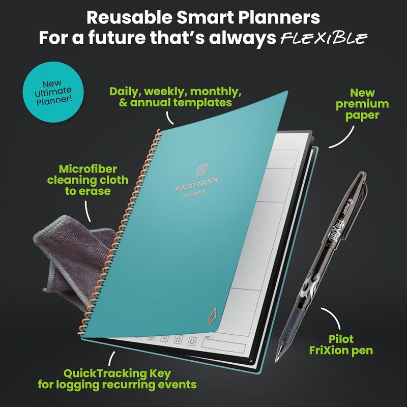 Rocketbook Flex Reusable Planner, Smart Undated, Daily, Weekly, Monthly, Annual Calendar Templates, Executive Size 6X8.8, Teal (Pack of 1) - Image 3