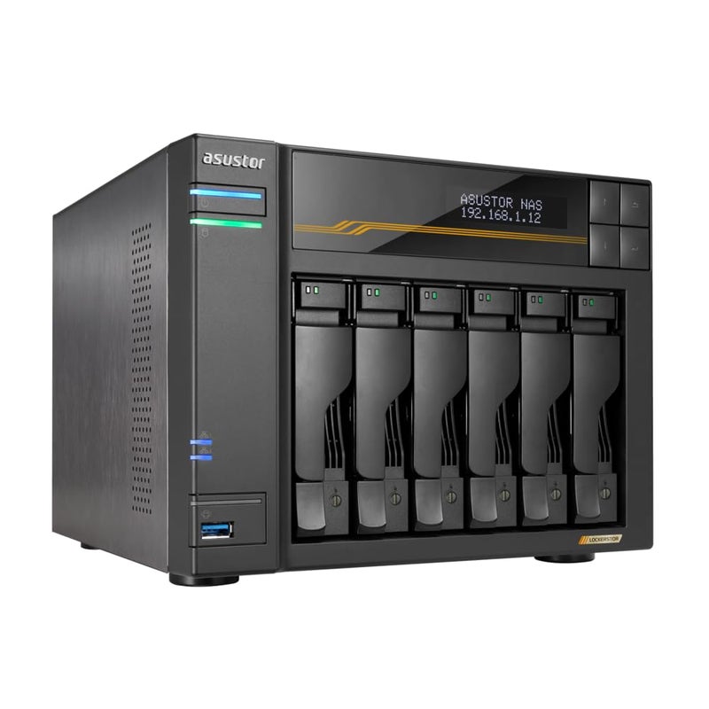 asustor Asustor Lockerstor 6 Gen3 AS6806T 6 Bay NAS, AMD Ryzen Quad-Core 2.3GHz, 16GB ECC DDR5, 4 M.2 NVMe Slots, Dual 5GbE and 10GbE, Network Attached Storage for Video & Content Creator (Diskless) - Image 1