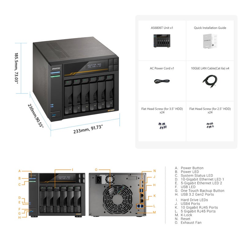 asustor Asustor Lockerstor 6 Gen3 AS6806T 6 Bay NAS, AMD Ryzen Quad-Core 2.3GHz, 16GB ECC DDR5, 4 M.2 NVMe Slots, Dual 5GbE and 10GbE, Network Attached Storage for Video & Content Creator (Diskless) - Image 2