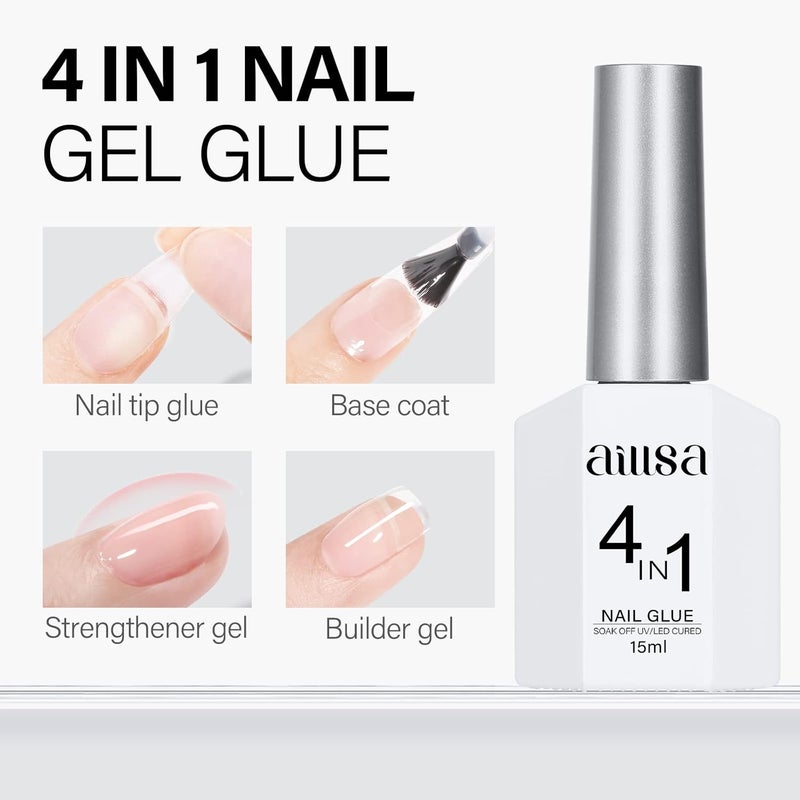 AILLSA 2PCS Gel Nail Glue for Acrylic Nails, 4 in 1 Super Strong Nail Gel Glues for False Nail Tips U V Curing Needed, 15ml High Capacity Gel Extension Brush On Nail for Rhinestone Pearl Foil Multiple sizes - Image 2