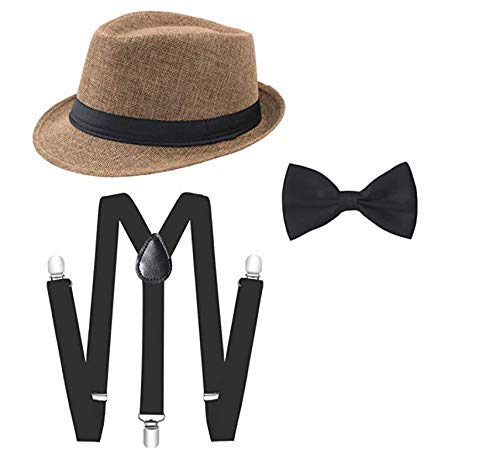 CLOTHERA Black Suspender and Bow Tie Set with Beige Jute Hat for Kids 6yrs to 12yrs - Image 1