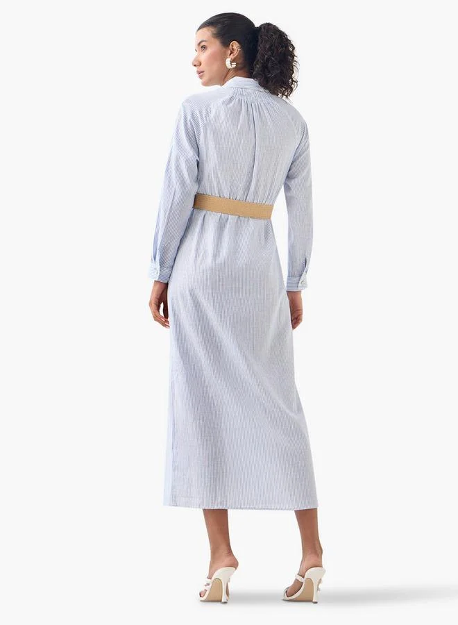 Splash FAV Striped Midi Linen Blend Shirt Dress with Long Sleeves
