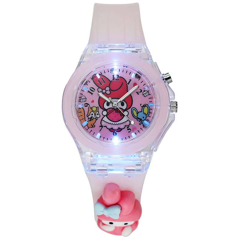 Kids Cartoon Character Glow-in-Dark Quartz Watch Pink melody with doll 