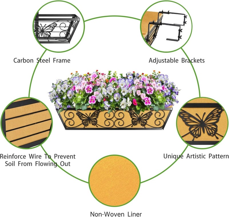 Karlliu 6 Pack 24 Inch Window Boxes Planters Railing Planter Box with Adjustable Brackets for Porch Fence Patio Balcony Hanging Flower Baskets with Woven Fabric for Outdoor Garden Decor - Black - Image 2