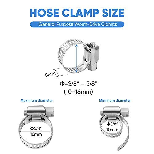 TICONN 20PCS Hose Clamp Set - 3/8''–5/8'' 304 Stainless Steel Worm Gear Hose Clamps for Pipe, Intercooler, Plumbing, Tube and Fuel Line - Image 2