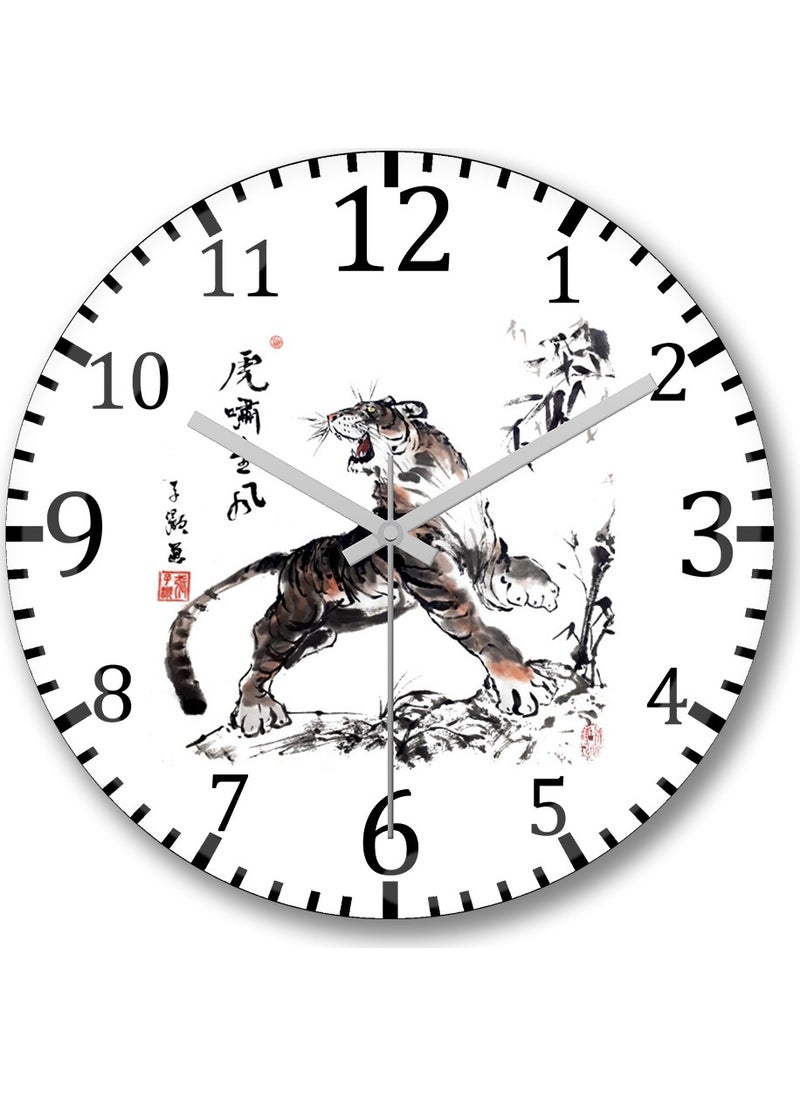 Baskı Dükkanı Print Shop Tiger Roar With The Wind Wall Clock Curved Real Glass  - Image 1