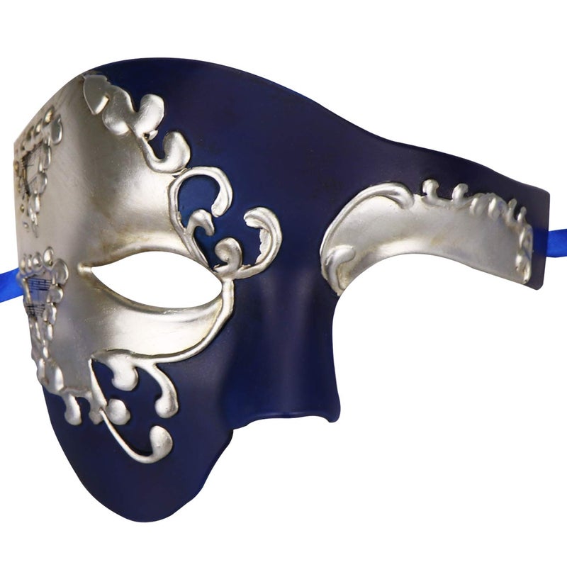Thmyo Vintage Design Half Face Men's Phantom of The Opera Venetian Carnival Masquerade Mask (Blue & Silver) - Image 1