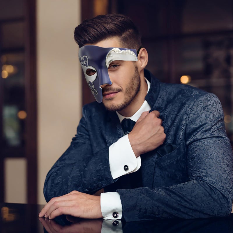 Thmyo Vintage Design Half Face Men's Phantom of The Opera Venetian Carnival Masquerade Mask (Blue & Silver) - Image 2