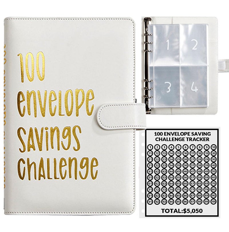 AASLOB 100 Envelopes Money Saving Challenge, 100 Envelope Challenge Binder, Easy and Fun Way to Save $5,050, Savings Challenges Budget Book Binder with Cash Envelopes for Office,Home,School (White) - Image 1
