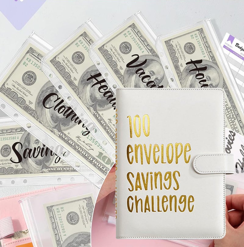 AASLOB 100 Envelopes Money Saving Challenge, 100 Envelope Challenge Binder, Easy and Fun Way to Save $5,050, Savings Challenges Budget Book Binder with Cash Envelopes for Office,Home,School (White) - Image 4